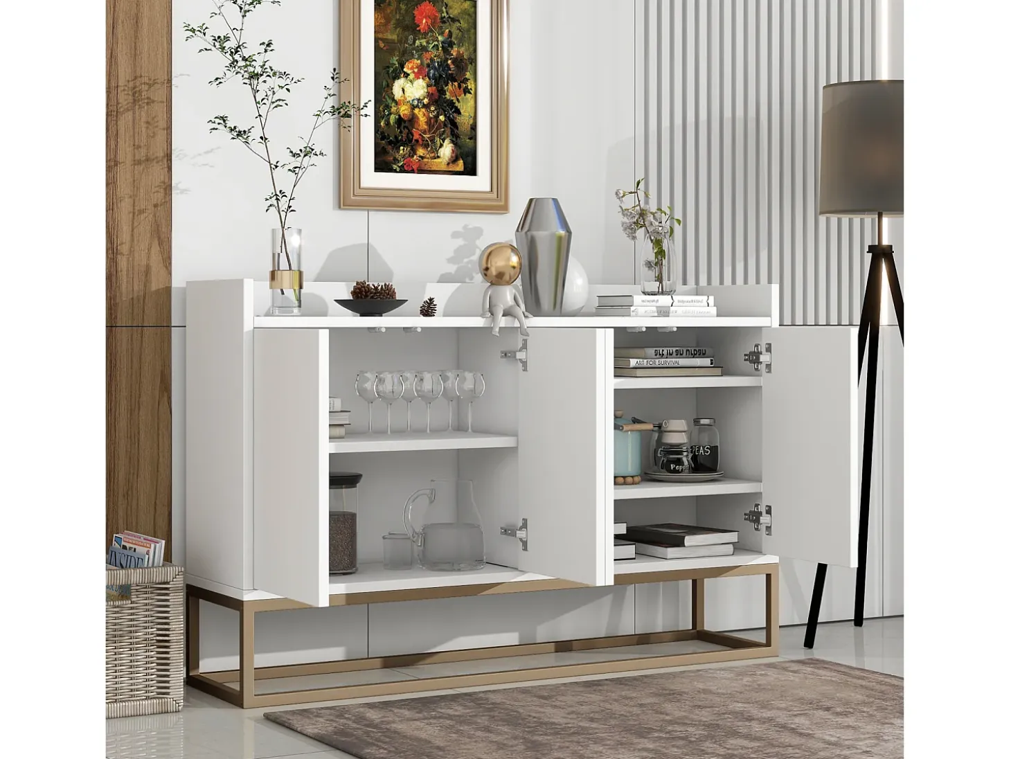 Aparador moderno 120x30x80 cm – Estilo minimalista, 4 puertas, ideal para comedor, salón, cocina – Blanco