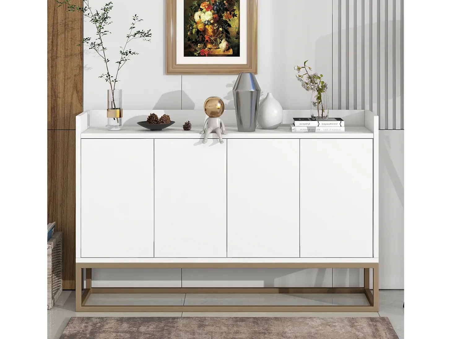 Aparador moderno 120x30x80 cm – Estilo minimalista, 4 puertas, ideal para comedor, salón, cocina – Blanco