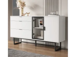 Aparador moderno 160x36x78 cm - Mueble de almacenamiento - 3 cajones y 2 puertas - Iluminación LED - Blanco