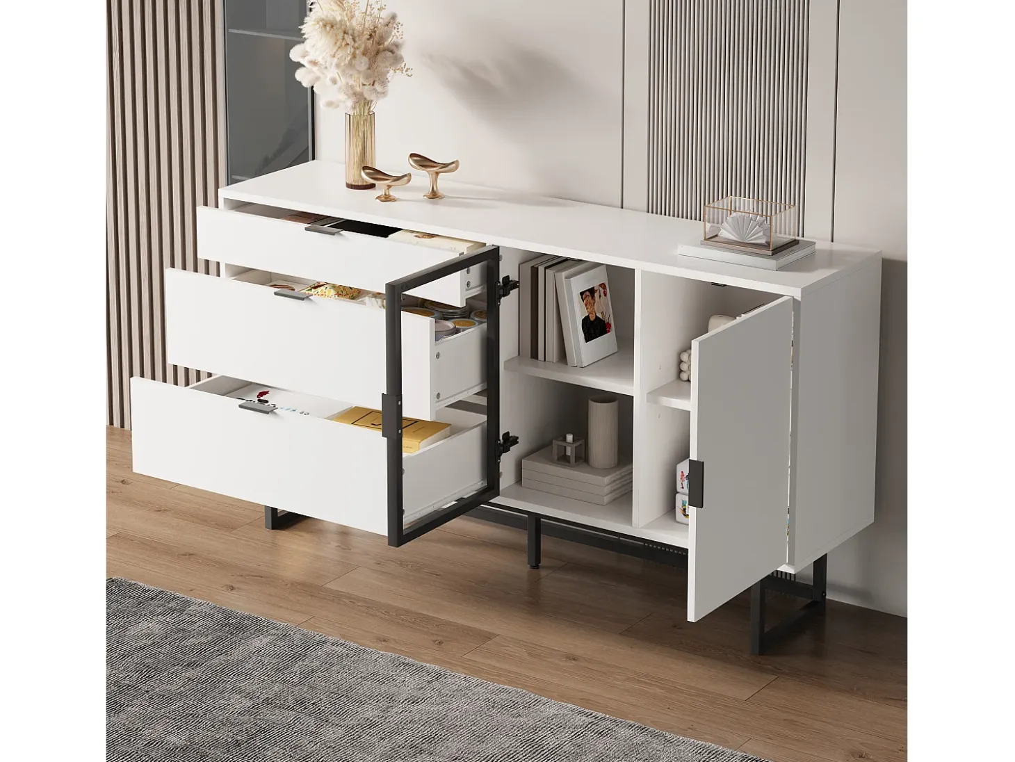 Aparador moderno 160x36x78 cm - Mueble de almacenamiento - 3 cajones y 2 puertas - Iluminación LED - Blanco
