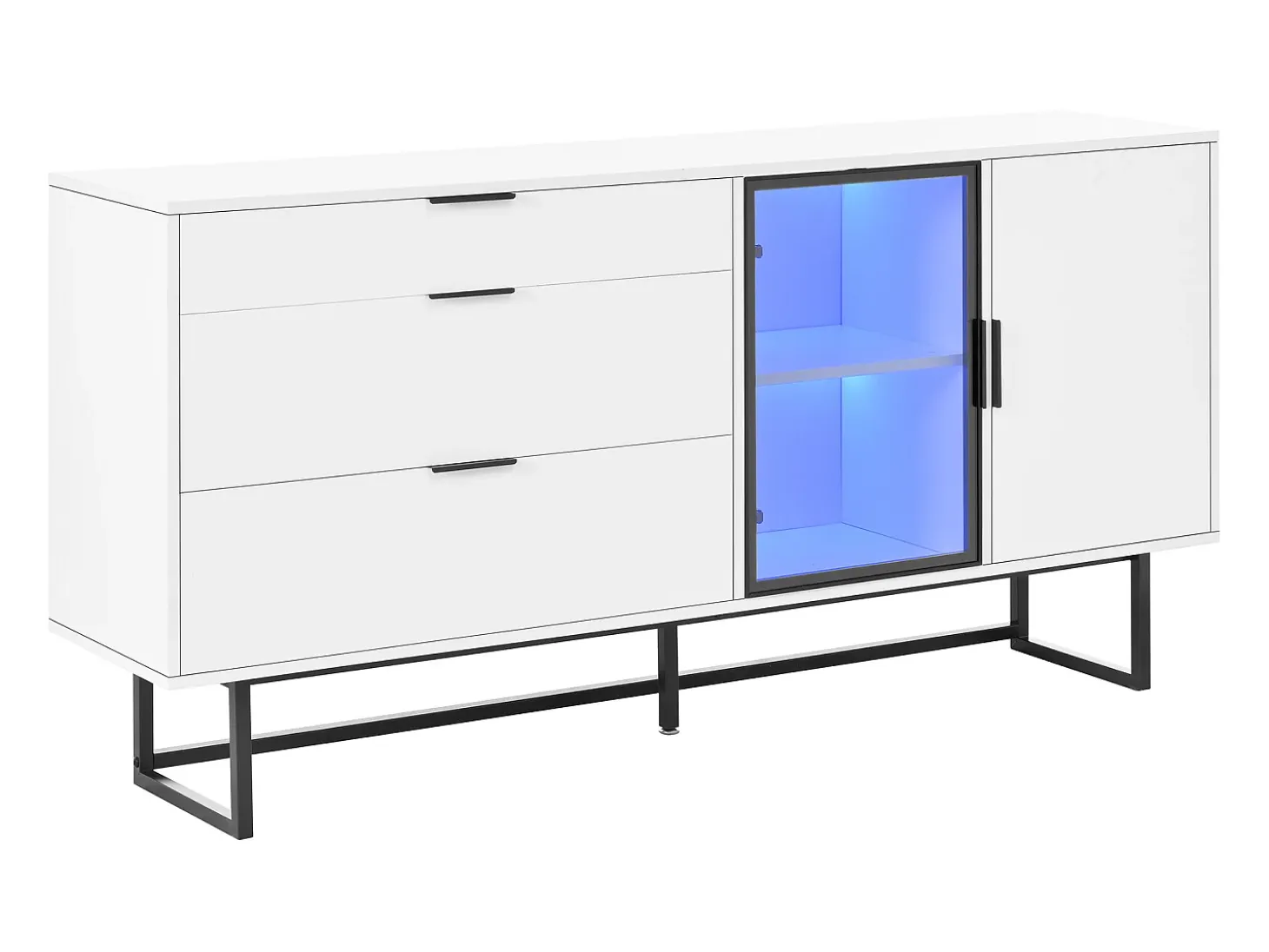 Aparador moderno 160x36x78 cm - Mueble de almacenamiento - 3 cajones y 2 puertas - Iluminación LED - Blanco