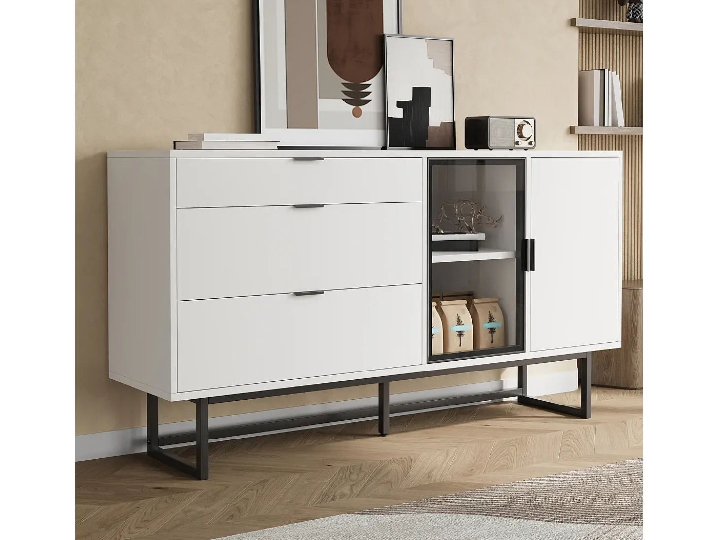 Aparador moderno 160x36x78 cm - Mueble de almacenamiento - 3 cajones y 2 puertas - Iluminación LED - Blanco