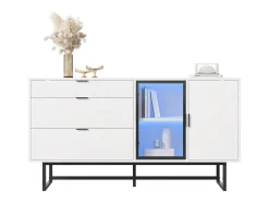 Aparador moderno 160x36x78 cm - Mueble de almacenamiento - 3 cajones y 2 puertas - Iluminación LED - Blanco