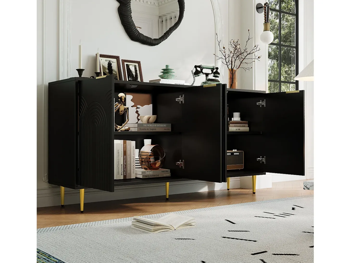 Aparador moderno 160x40x80cm - con 4 puertas - patas de metal - tablero de partículas - negro