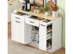 Aparador moderno 133,5x40x86cm - con cajones y estante de especias - Compartimento con basura - Natural + Blanco