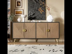 Aparador moderno 160x40x75cm con 4 puertas en imitación madera con relieve, color negro con patas doradas