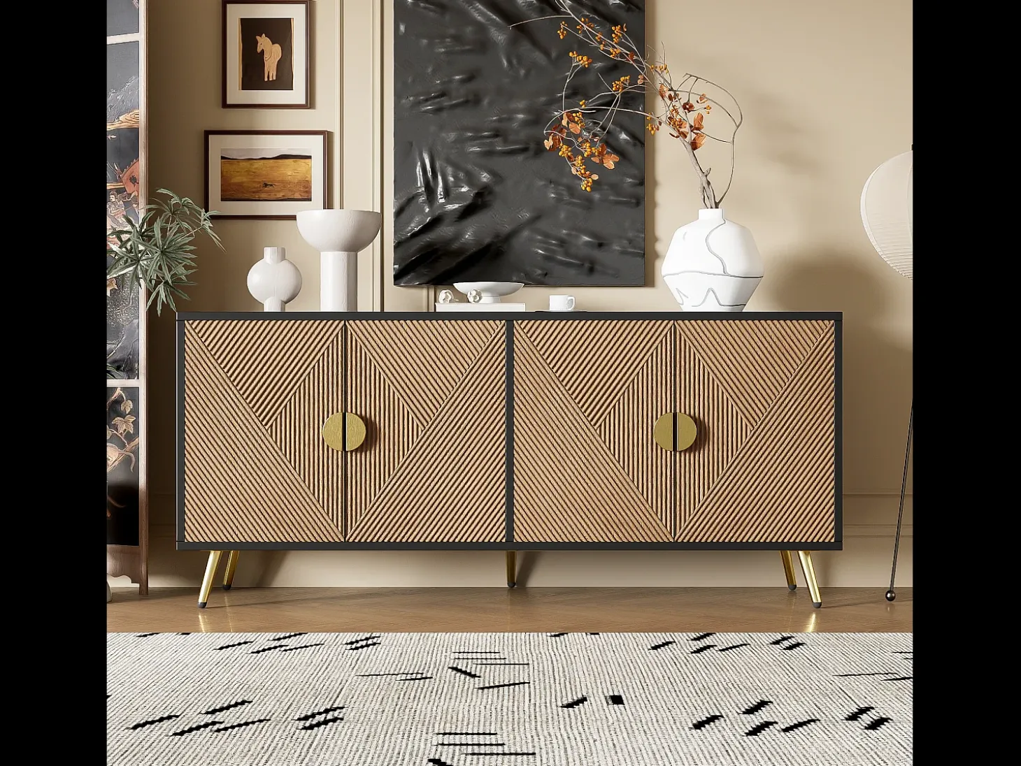 Aparador moderno 160x40x75cm con 4 puertas en imitación madera con relieve, color negro con patas doradas