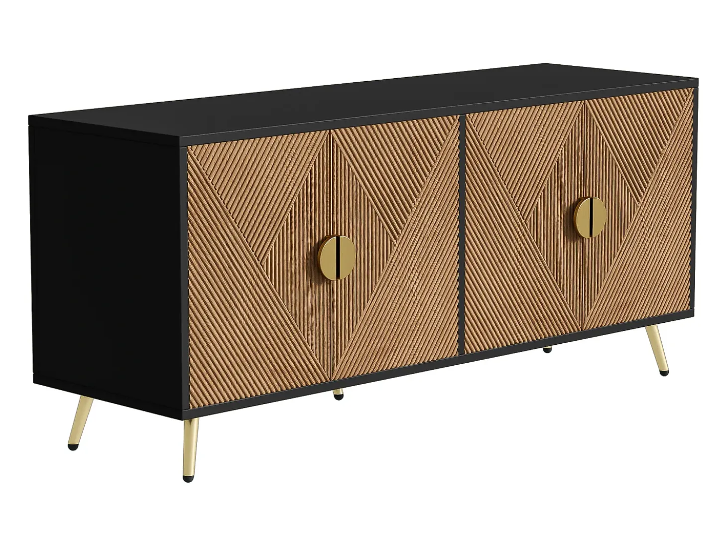 Aparador moderno 160x40x75cm con 4 puertas en imitación madera con relieve, color negro con patas doradas