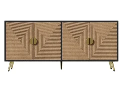 Aparador moderno 160x40x75cm con 4 puertas en imitación madera con relieve, color negro con patas doradas