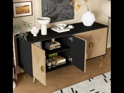 Aparador moderno 160x40x75cm con 4 puertas en imitación madera con relieve, color negro con patas doradas