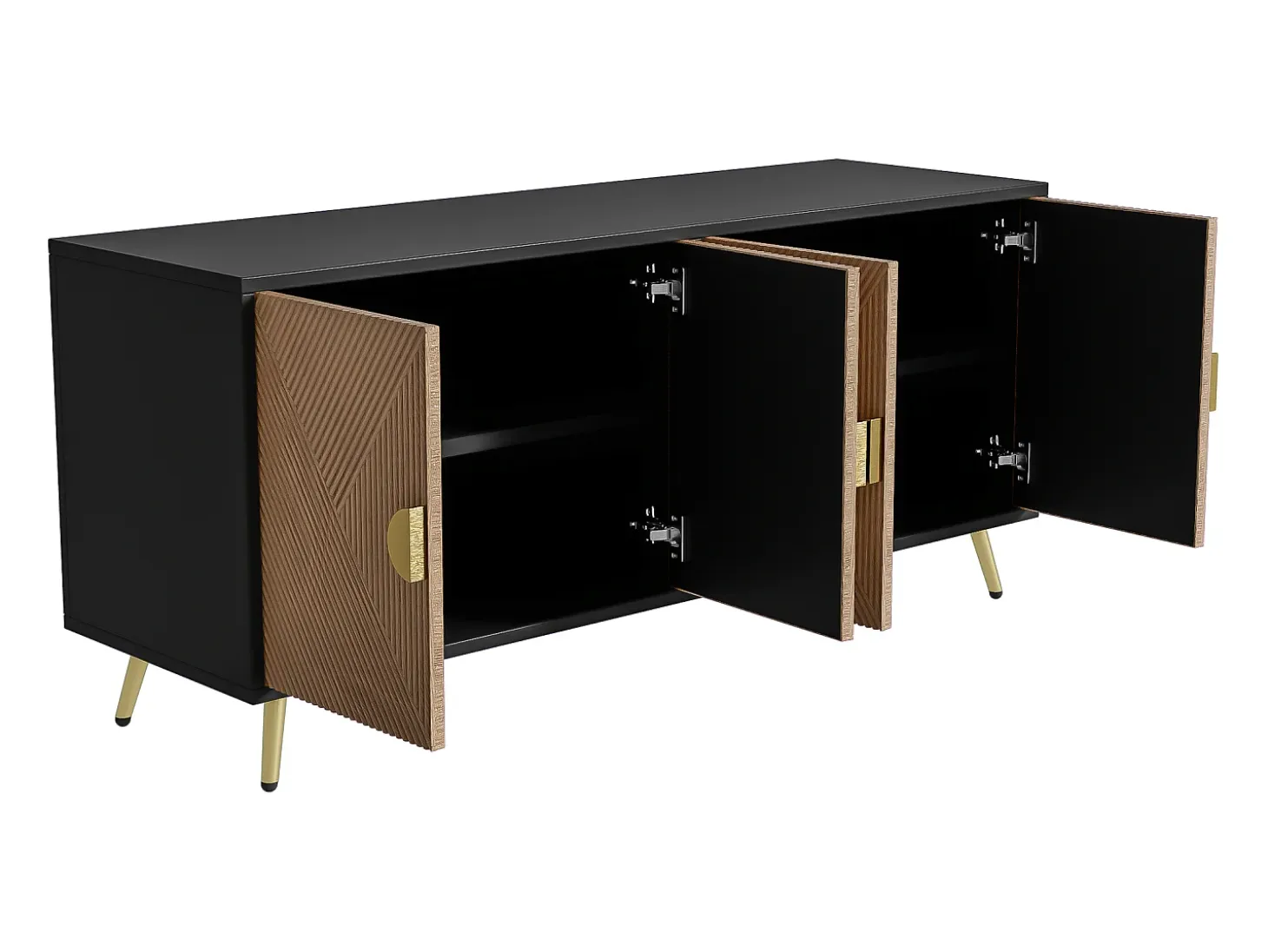 Aparador moderno 160x40x75cm con 4 puertas en imitación madera con relieve, color negro con patas doradas