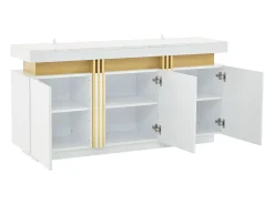 Aparador moderno 140x38x70cm con 3 puertas y tapa efecto mármol, blanco y dorado