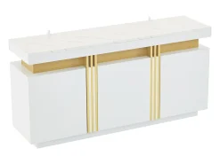 Aparador moderno 140x38x70cm con 3 puertas y tapa efecto mármol, blanco y dorado
