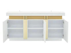 Aparador moderno 140x38x70cm con 3 puertas y tapa efecto mármol, blanco y dorado