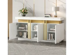 Aparador moderno 140x38x70cm con 3 puertas y tapa efecto mármol, blanco y dorado