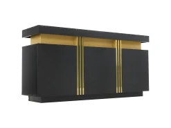 Aparador moderno 140x38x70cm con 3 puertas y tapa efecto mármol, negro y dorado