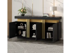 Aparador moderno 140x38x70cm con 3 puertas y tapa efecto mármol, negro y dorado