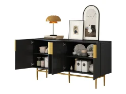 Aparador moderno y elegante de 4 puertas con tirador dorado, mueble buffet para comedor/sala de estar (negro)