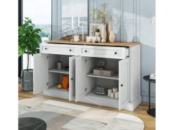 Aparador moderno y elegante con 4 puertas y 2 cajones, ideal para comedor, salón, dormitorio y recibidor (blanco y madera natural) (150 x 40 x 86 cm)