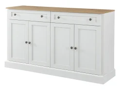 Aparador moderno y elegante con 4 puertas y 2 cajones, ideal para comedor, salón, dormitorio y recibidor (blanco y madera natural) (150 x 40 x 86 cm)