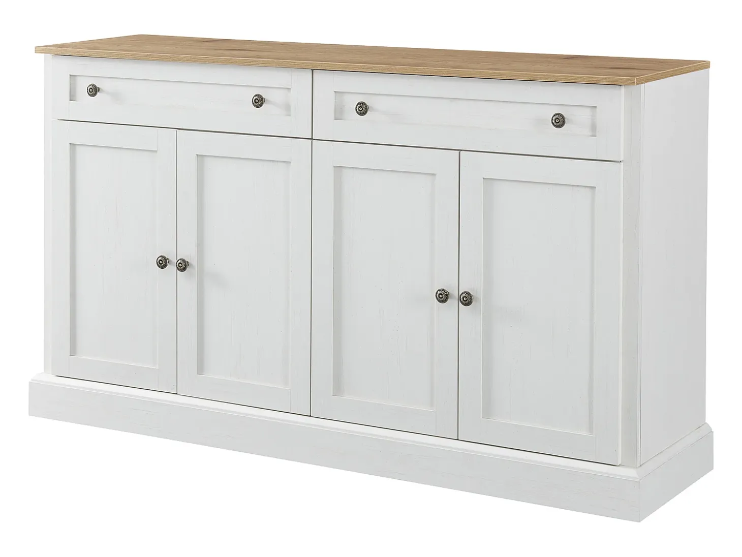 Aparador moderno y elegante con 4 puertas y 2 cajones, ideal para comedor, salón, dormitorio y recibidor (blanco y madera natural) (150 x 40 x 86 cm)