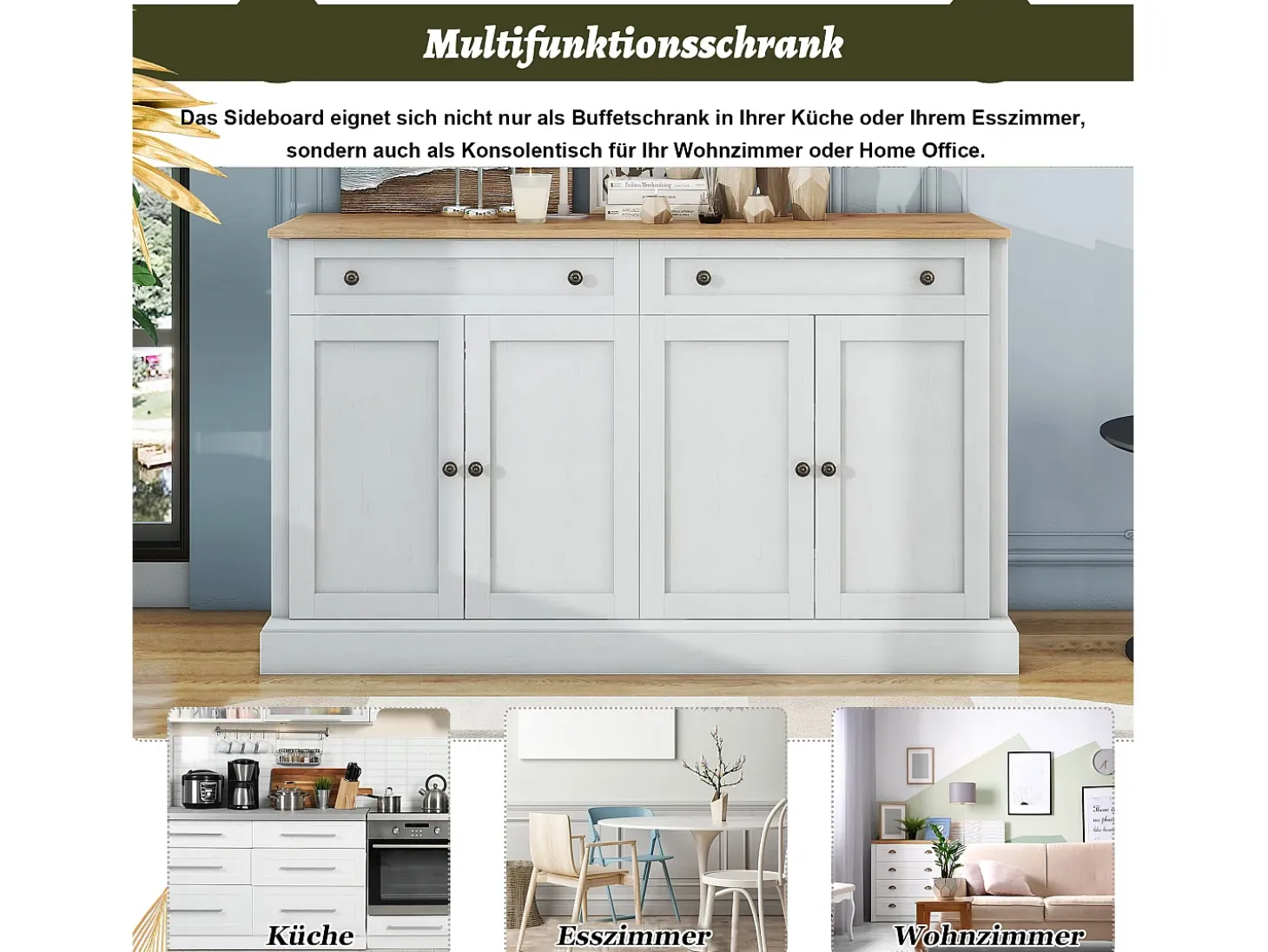 Aparador moderno y elegante con 4 puertas y 2 cajones, ideal para comedor, salón, dormitorio y recibidor (blanco y madera natural) (150 x 40 x 86 cm)