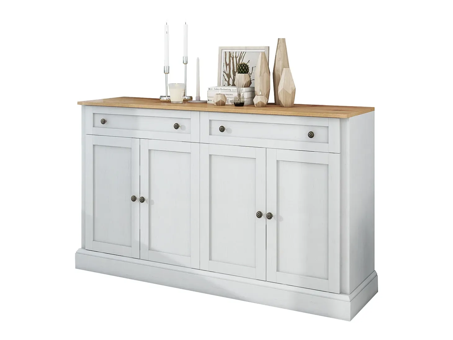 Aparador moderno y elegante con 4 puertas y 2 cajones, ideal para comedor, salón, dormitorio y recibidor (blanco y madera natural) (150 x 40 x 86 cm)