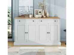Aparador moderno y elegante con 4 puertas y 2 cajones, ideal para comedor, salón, dormitorio y recibidor (blanco y madera natural) (150 x 40 x 86 cm)