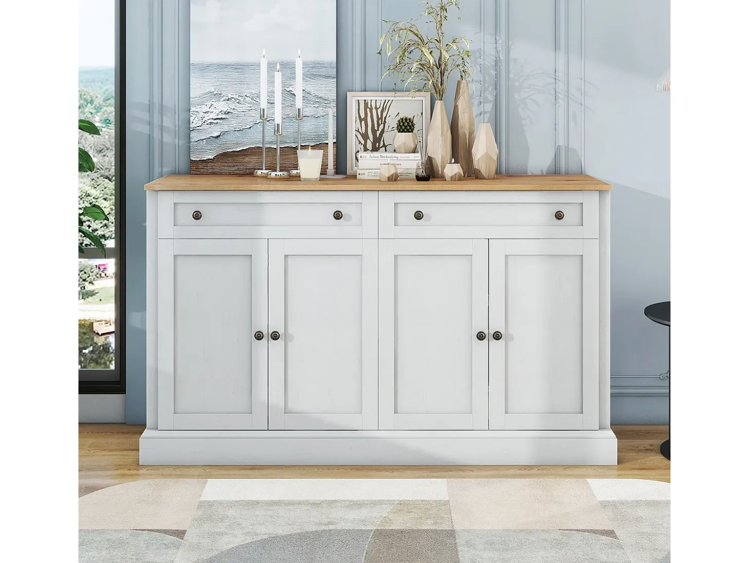 Aparador moderno y elegante con 4 puertas y 2 cajones, ideal para comedor, salón, dormitorio y recibidor (blanco y madera natural) (150 x 40 x 86 cm)