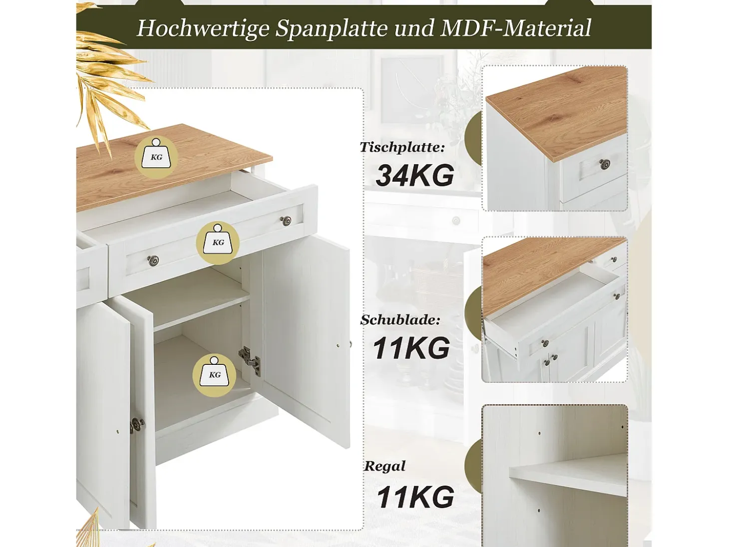 Aparador moderno y elegante con 4 puertas y 2 cajones, ideal para comedor, salón, dormitorio y recibidor (blanco y madera natural) (150 x 40 x 86 cm)