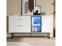Aparador moderno y lujoso - 160 x 36 x 78 cm - con 3 cajones + puertas de cristal + LED - MDF + aglomerado - blanco
