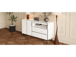 Aparador moderno y minimalista - 140 x 42 x 77 cm - con 2 puertas + 2 cajones + estantes abiertos - aglomerado - blanco