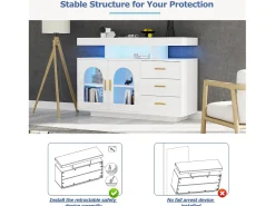 Aparador, mueble de cocina con LED - 3 cajones y 2 puertas - Blanco