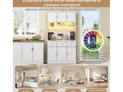 Aparador multifuncional de 100×40×180 cm con iluminación LED, cajones y estantes ajustables, ideal para salón o cocina. Color blanco.