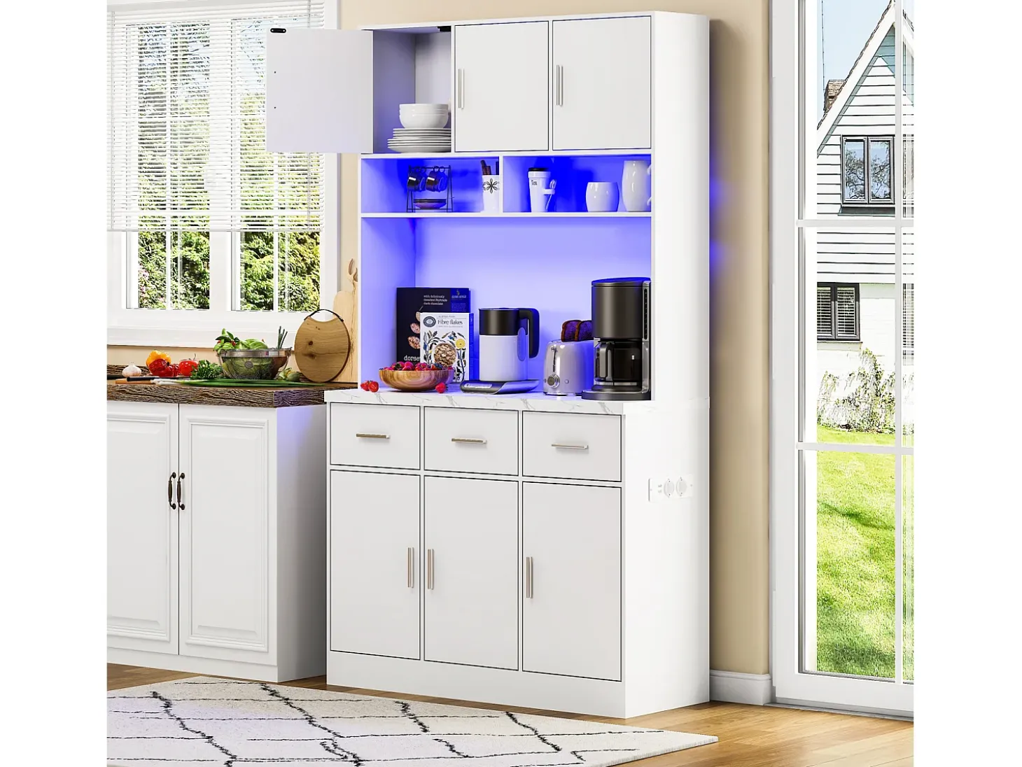 Aparador multifuncional de 100×40×180 cm con iluminación LED, cajones y estantes ajustables, ideal para salón o cocina. Color blanco.