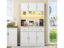 Aparador multifuncional de 100×40×180 cm con iluminación LED, cajones y estantes ajustables, ideal para salón o cocina. Color blanco.