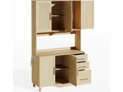 Aparador Natural - Aparador con 3 Cajones y 5 Puertas - estantes ajustables y carga USB - para comedor