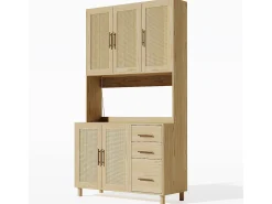 Aparador Natural - Aparador con 3 Cajones y 5 Puertas - estantes ajustables y carga USB - para comedor