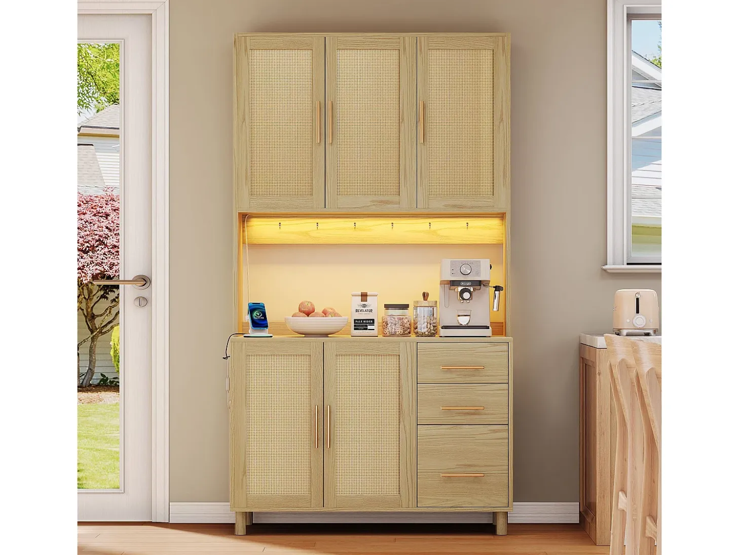 Aparador Natural - Aparador con 3 Cajones y 5 Puertas - estantes ajustables y carga USB - para comedor