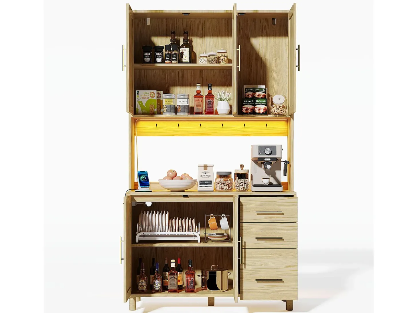 Aparador Natural - Aparador con 3 Cajones y 5 Puertas - estantes ajustables y carga USB - para comedor