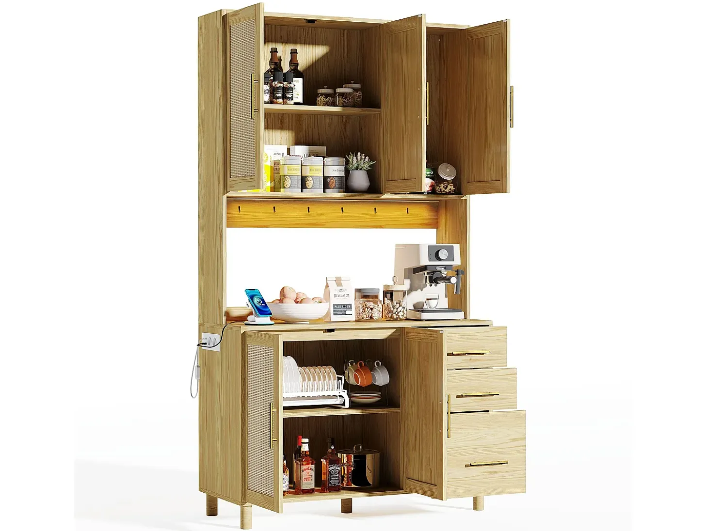 Aparador Natural - Aparador con 3 Cajones y 5 Puertas - estantes ajustables y carga USB - para comedor