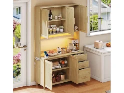 Aparador Natural - Aparador con 3 Cajones y 5 Puertas - estantes ajustables y carga USB - para comedor