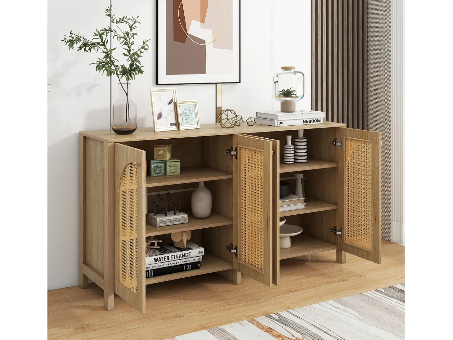 Aparador Natural - Aparador con 4 puertas de ratán y tiradores de metal - para comedor y salón