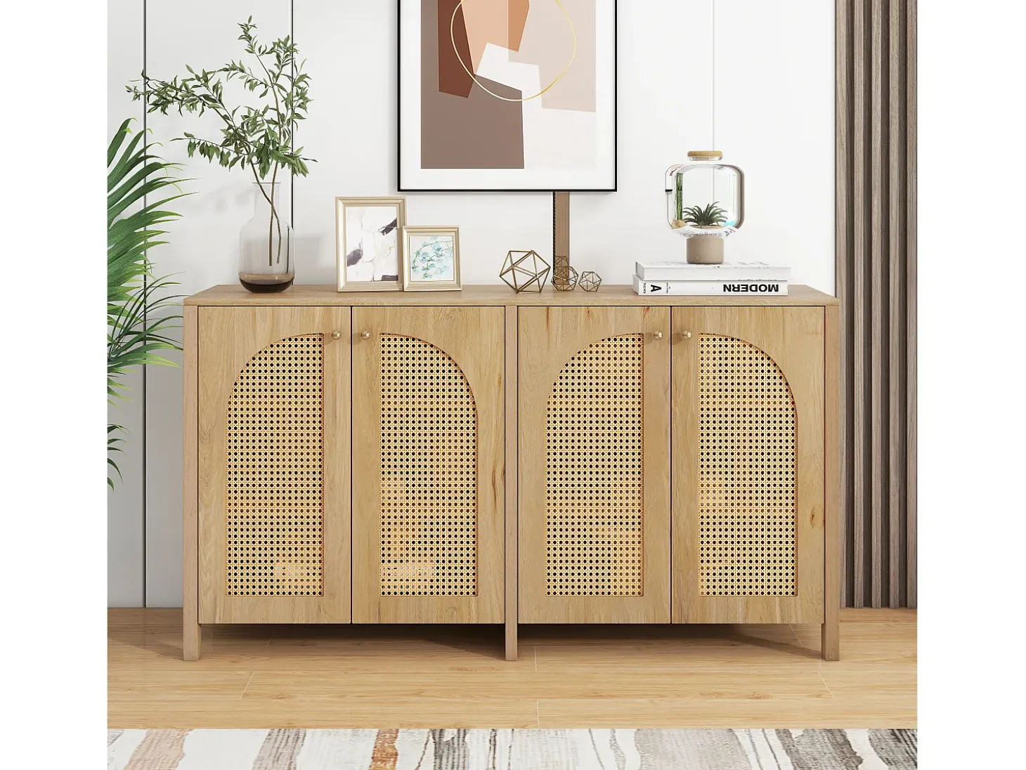 Aparador Natural - Aparador con 4 puertas de ratán y tiradores de metal - para comedor y salón