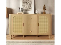Aparador natural claro con 3 cajones y 2 puertas de ratán, patas de metal efecto madera, 140x40x80cm