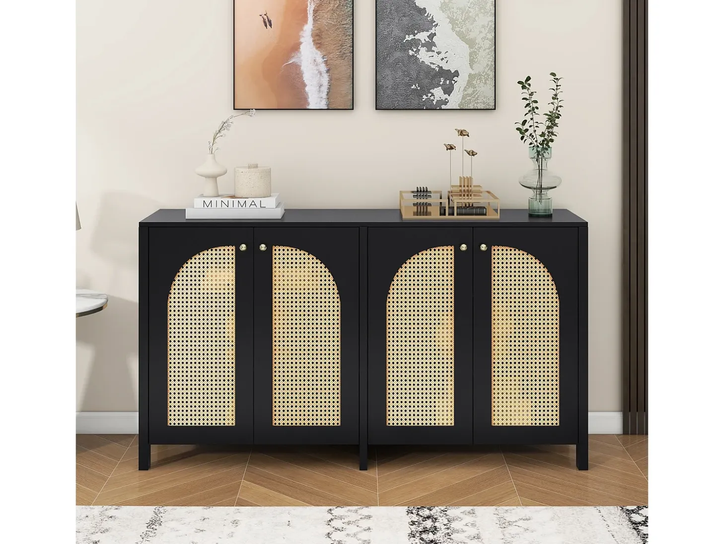 Aparador Negro - Aparador con 4 puertas de ratán y tiradores de metal - para comedor y salón