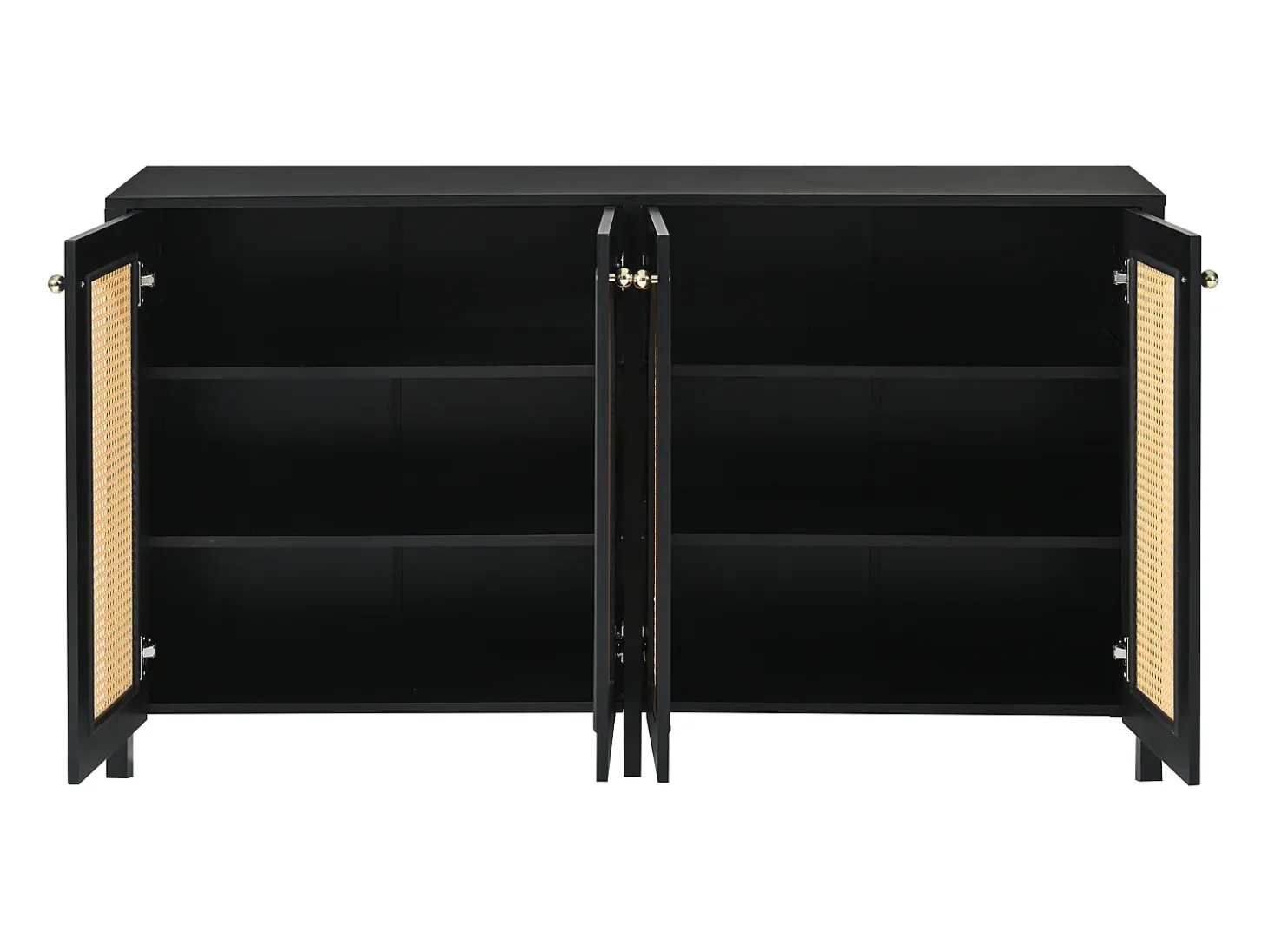 Aparador Negro - Aparador con 4 puertas de ratán y tiradores de metal - para comedor y salón