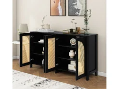 Aparador Negro - Aparador con 4 puertas de ratán y tiradores de metal - para comedor y salón