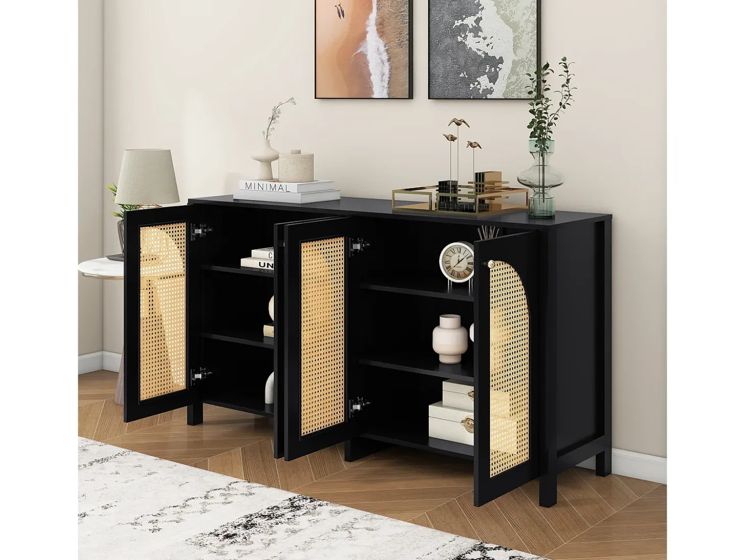Aparador Negro - Aparador con 4 puertas de ratán y tiradores de metal - para comedor y salón