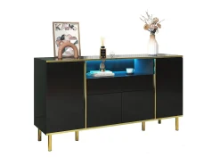 Aparador negro, Aparador de alto brillo con 4 puertas y 1 cajón, iluminación LED, para salón y comedor